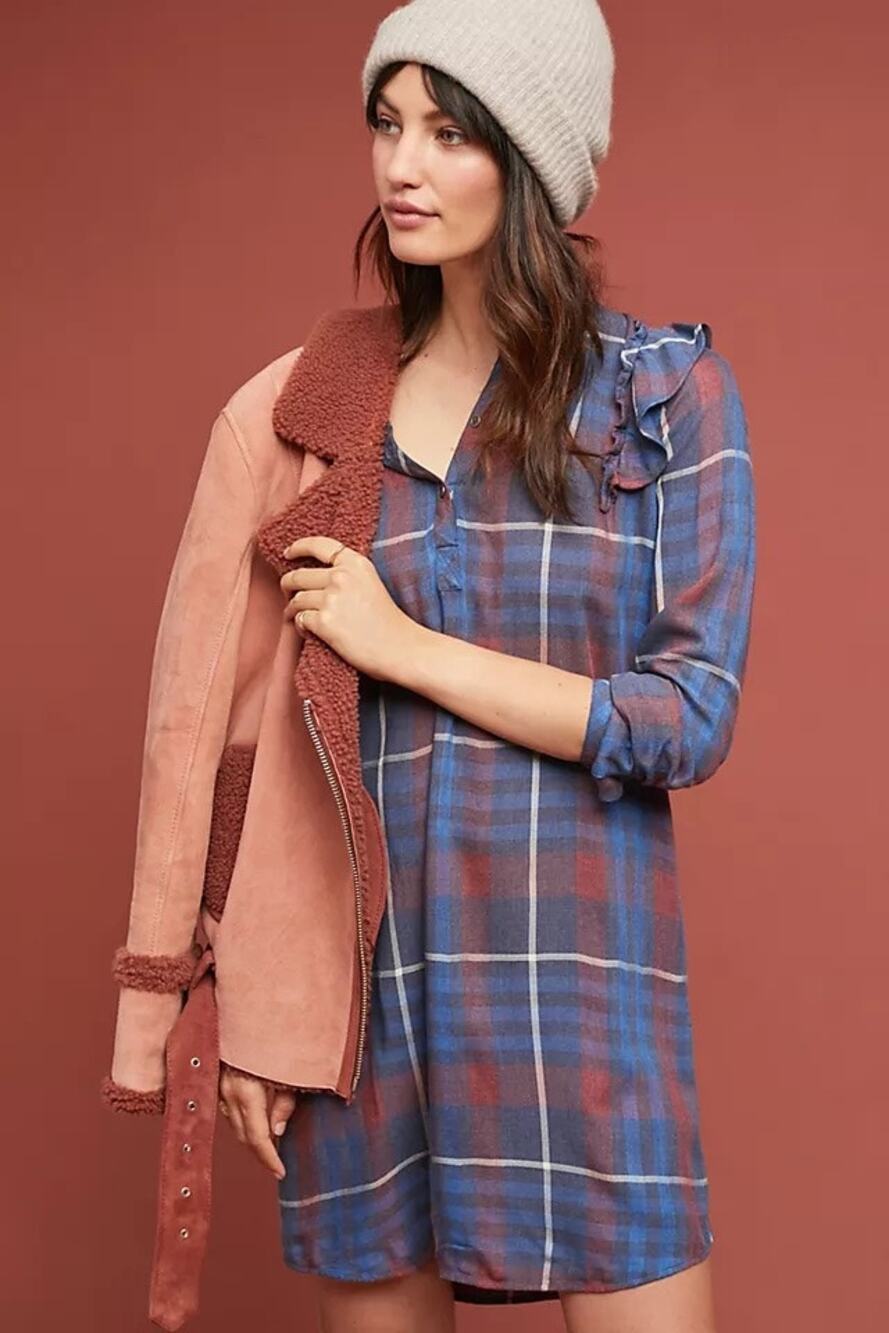 Cloth & Stone Plaid Ruffle Shoulder Shirt Dress Small Henley Button Long Sleeve